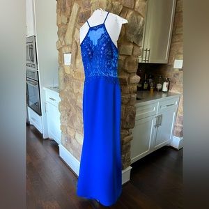 Royal blue racer jersey back dress, sequin bodice with slight fish tail